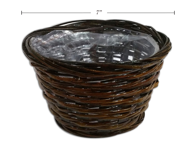 7in Grape Vine Lacquered Planter w-PVC Lining. 7in(D) x 4.25in(H). Hangtag.