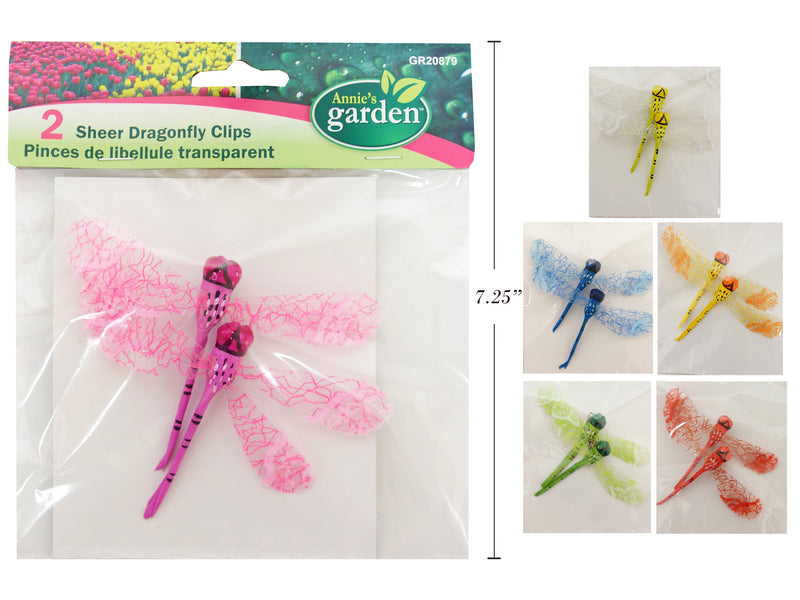 2Pk Sheer Dragonfly Floral Clips. 6 Asst.Colours. Backer Card.