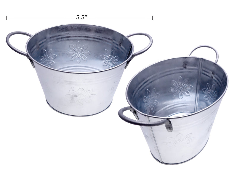 5.25in x 4-1-8in Embossed Galvanized Round Tin Bucket w-Handles. 4in(H). Colour Label.