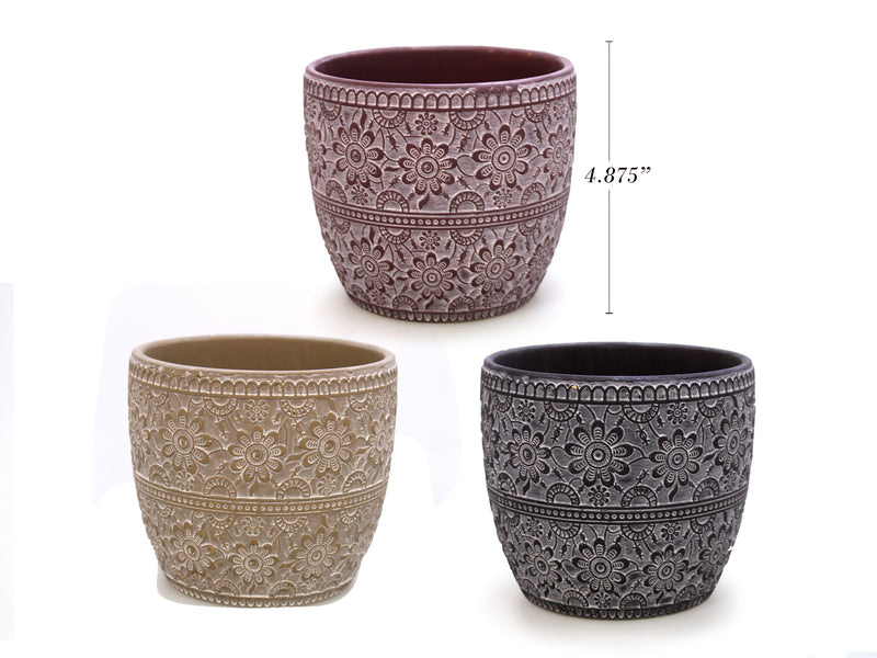 5.25in (Dia.) Stone Washed Daisy Terracotta Planter. 2 Asst.Colours.