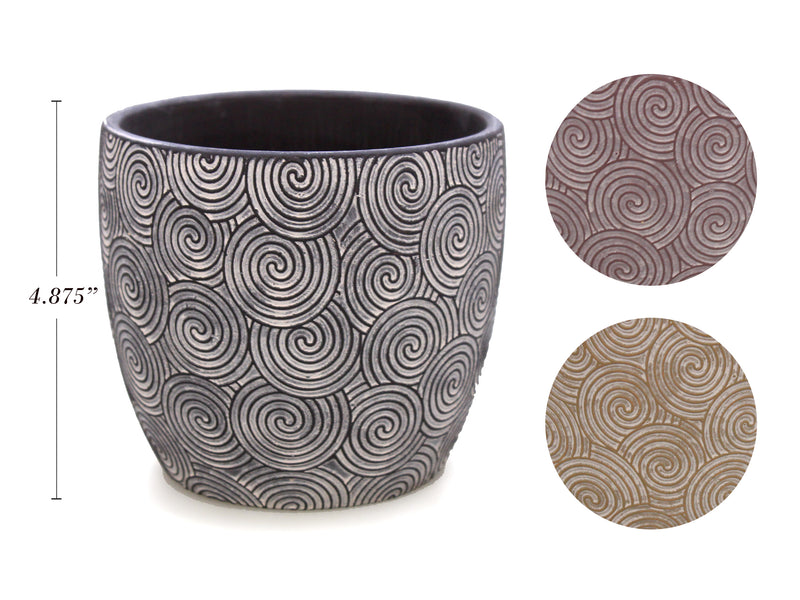 5.25in (Dia.) Stone Washed Swirl Terracotta Planter. 3 Asst.Colours.