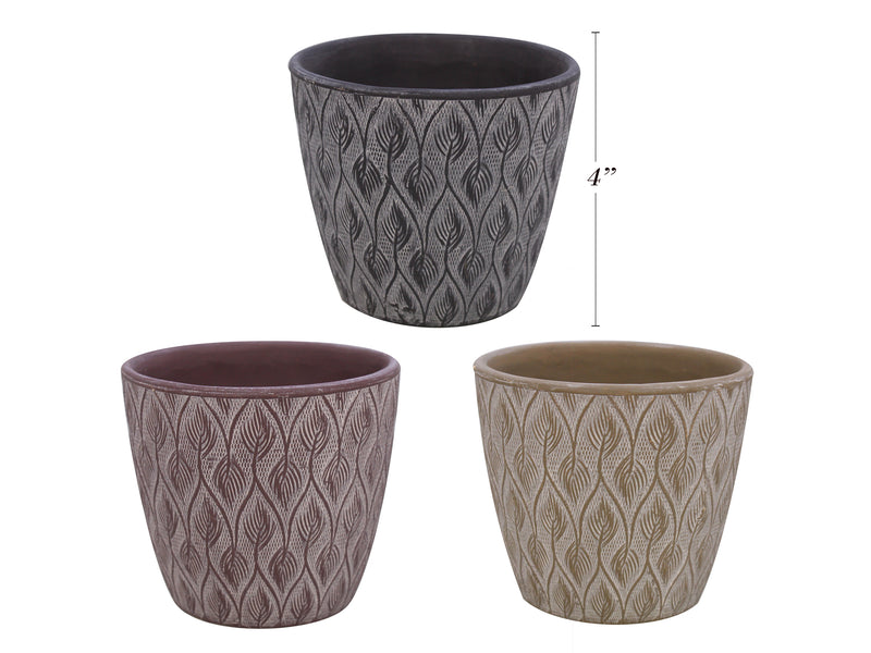 4-5-8in (Dia.) Stone Washed Leaf Terracotta Planter. 2 Asst.Colours.