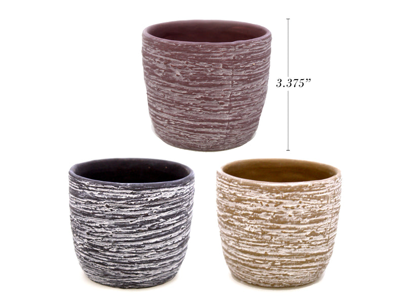 4in (Dia.) Stone Washed Scored Terracotta Planter. 2 Asst.Colours.