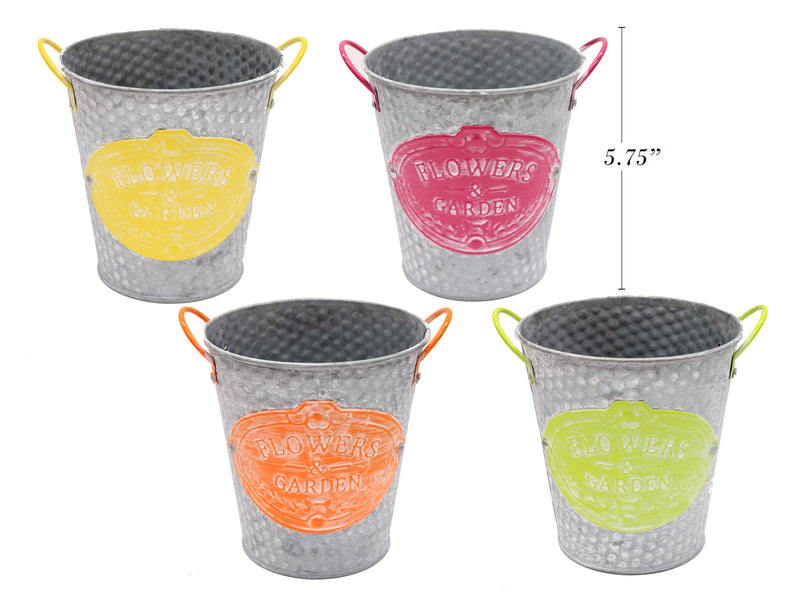 5-3-8in (D) Dimple Matte Metal Galvanized Pail w-Stone Washed Plaque. 4 Asst.Colours.