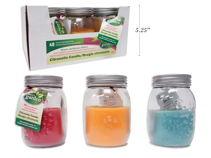 280g 5.25in (H) Tinted Glass Citronella Mason Jar Candle. 3 Asst.