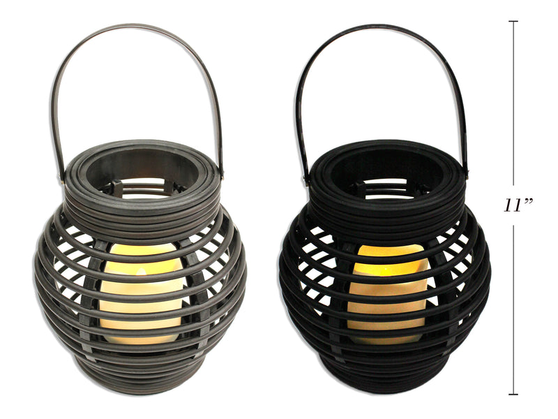 6.25in B-O LED Bambo Lantern w-2-5-8in Flickering  Amber Pilar Candle. 2 Asst. Col. Hangtag.