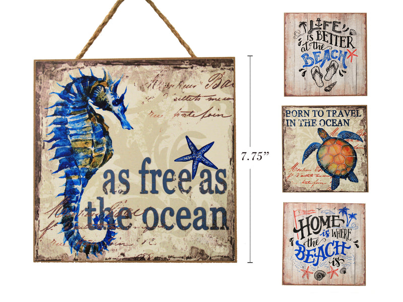 7.75in x7.75in MDF Hanging Wall Plaque w-Nautical Beach Sayings. Jute Hanger. Thickness: 6mm.4 Asst.