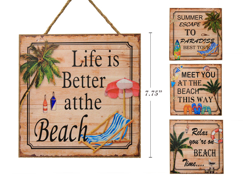 7.75in x 7.75in MDF Hanging Wall Plaque w-Summer Beach Sayings. Jute Hanger. Thickness: 6mm.4 Asst.