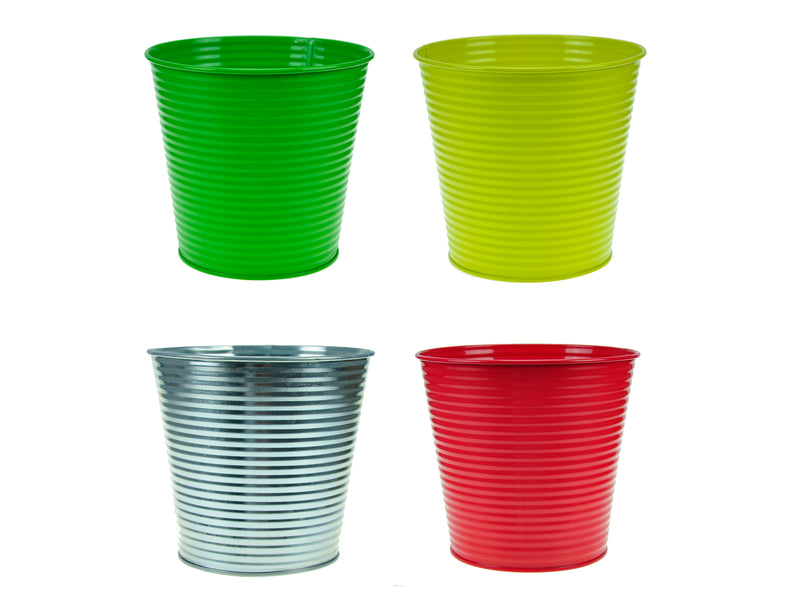 6-1-8in(D) Ribbed Round Metal Planter. 4 Asst. 12-Galvanized- 4-Green- 4-Red- 4-Yellow.