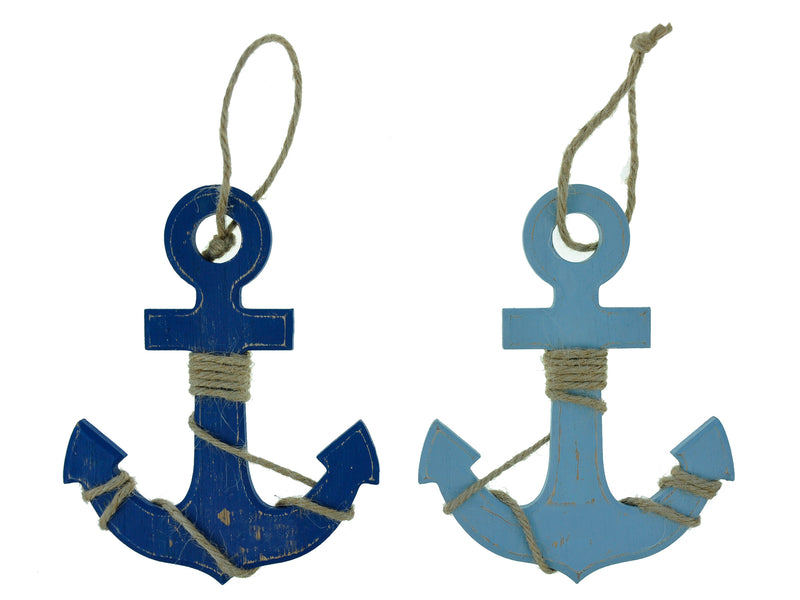 8in(H) x 6-3-8in(L) Hanging Wooden Jute Twine Wrapped Anchor. 2 Asst. Cht.