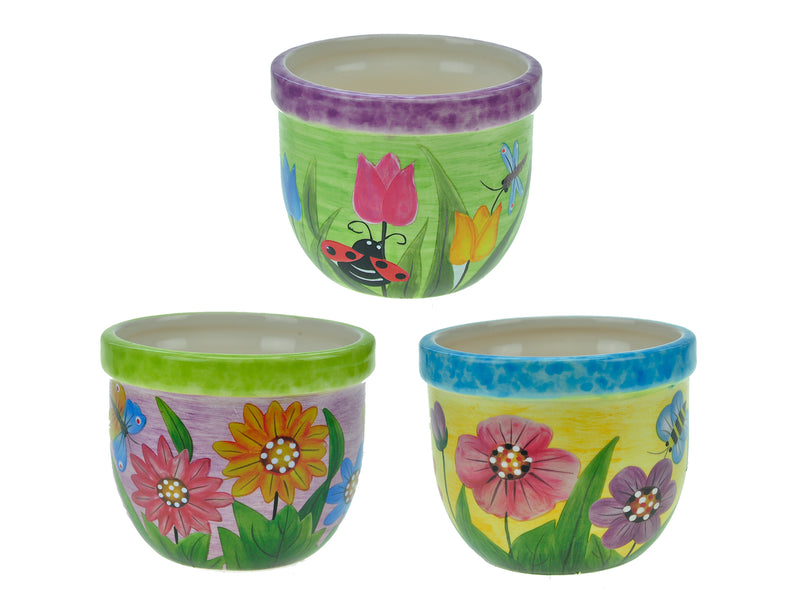 4in(D) x 3.25in(H) Dolomite Hand Painted Flower Planter w- Saucer. 3 Asst.