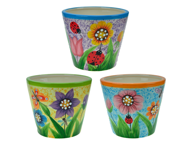 5-7-8in(D) x 5in(H) Dolomite Hand Painted Flower Planter w- Saucer. 3 Asst.