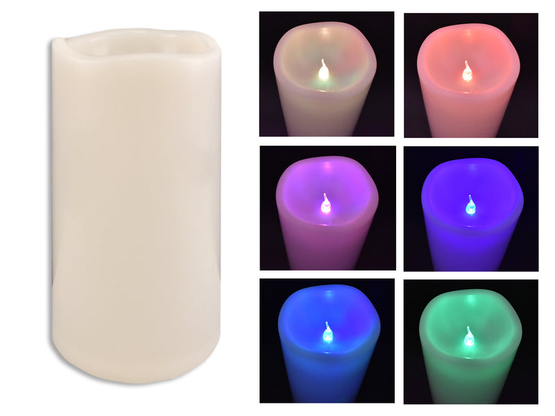 4in x 8in B/O LED Flickering/Col.Changing Pillar Candle. 3 x AA Batteries not Incl. Sleeve Holder.