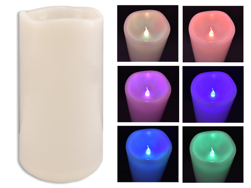 4in x 10in B/O LED Flickering/Col.Changing Pillar Candle. 3 x AA Batteries not Incl. Sleeve Holder.