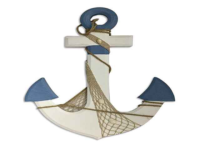 Wooden Die Cut Beveled Anchor With Wrapped Fish Net