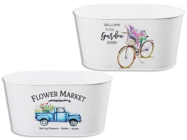 White Flower Market Oblong Metal Bucket