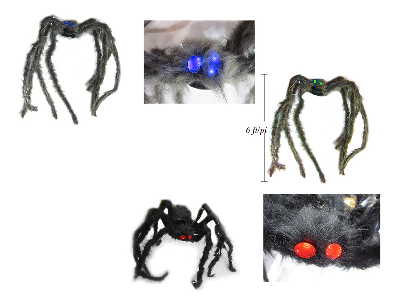 6Ft Blinking Led Hairy Spider W-Bendable Legs. 3 Asst.Cols:Grey W-Blue Eyes-Black W-Red Eyes-