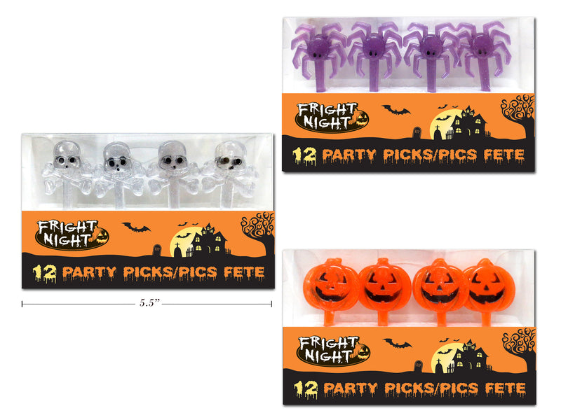 12Pk Halloween Picks. 3 Styles: Pumpkin - Skull - Spider. Pvc Box W-Insert.