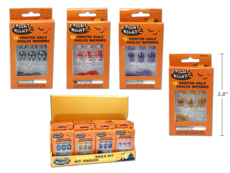 12Pk Hween Printed Nails Kit In Display. Incl: Glue &  Cuticle Stick. 4 Asst.