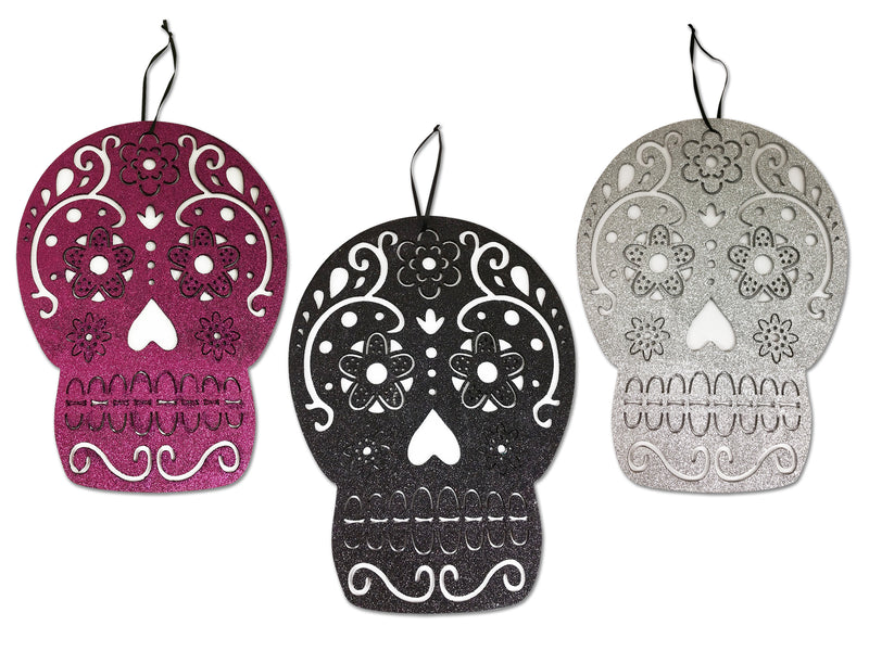 12In X 8.75In Hanging Glitter Mdf Day Of The Dead Plaque W-Satin Ribbon Hanger. 3 Cols. Hangtag.