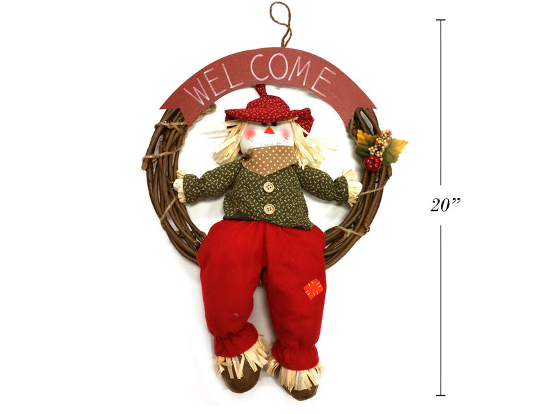 20In Harvest Boy Scarecrow Swinging Character Wreath. Hangtag.