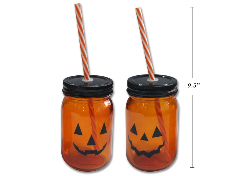 16Oz Glass Jack-O-Lantern Mason Jar W-Straw.