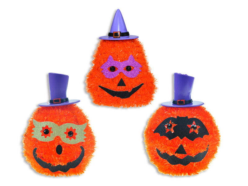 5.5In Hween Tinsel Pumpkin Character Table Top Decor W- Glitter Glasses. 3 Asst. H-C.