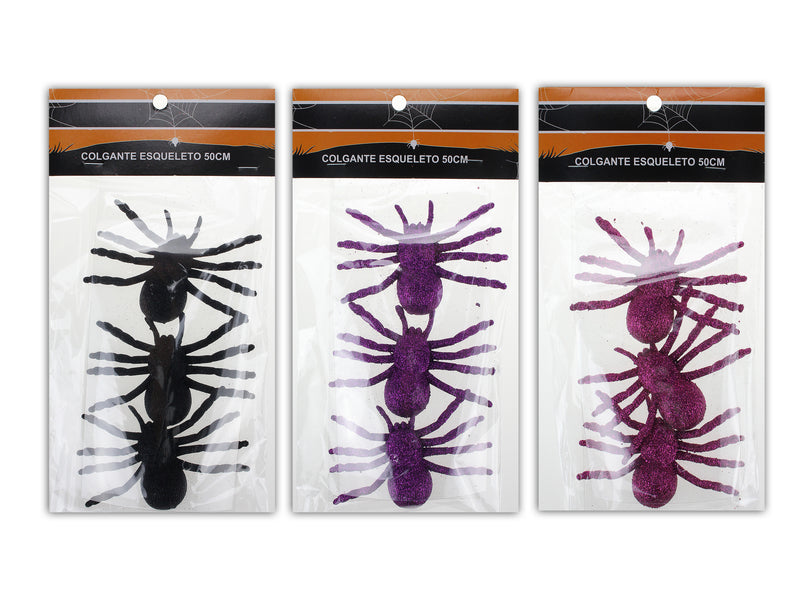 3 Pk 4-1-8" Glitter Spiders 3 Asst Colors Purple - Black - Fuchsia