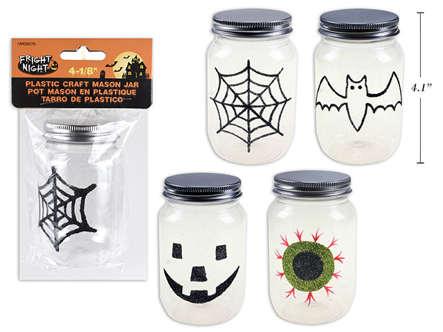 4-1/8in Hween Printed Plastic Round Mason Jar Craft Bottle. 4 Asst. Pb