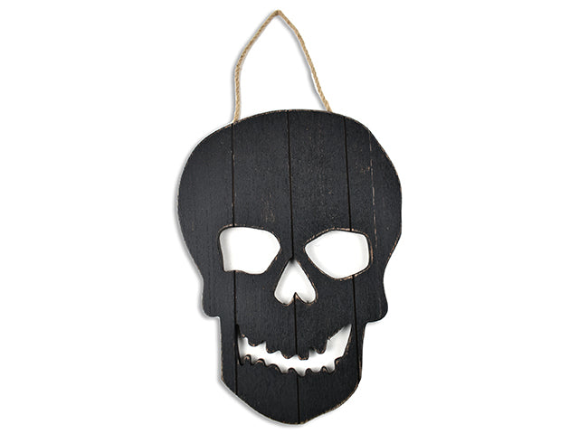 11-3/8in(H) x 8.25in(W) Hween Die-Cut Skull MDF Hanging Plaque. Jute Hanger. Cht.