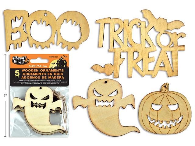 5pk 3-1/8in Hween Wooden Ornament. 4 Asst.Styles. Jute Hanger. Pbh.