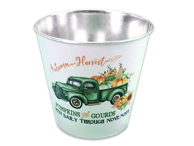 Harvest Pumpkin Truck Round Metal Bucket