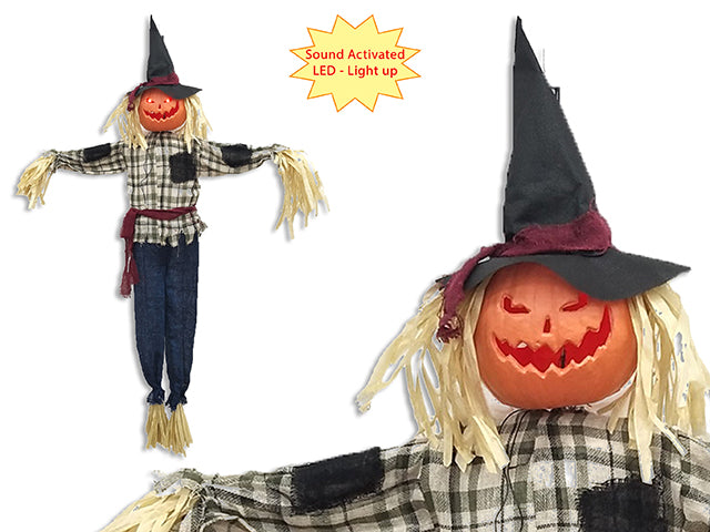 Halloween Battery Operated Led Sound Activated Hanging Scarecrow Jack O Lantern