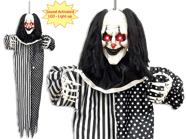 49-5/8in B/O Sound Activated Col.Changing 4-LED Hanging Clown w/ Red Eyes & Sound. Cht.