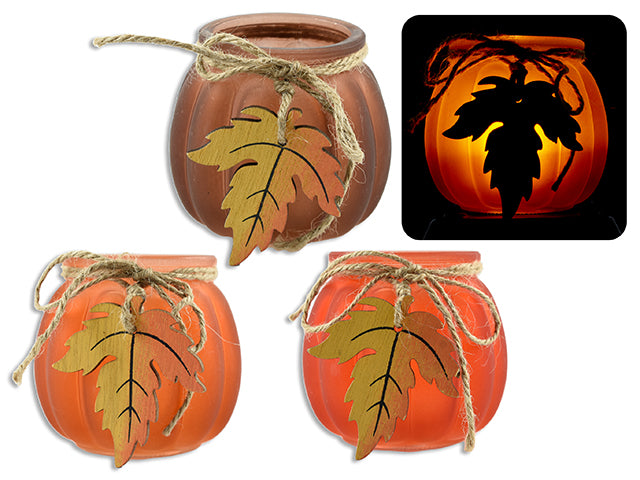 Harvest Frosted Glass Candle Holder With Wooden Maple Leaf Toggle And Jute Ribbon