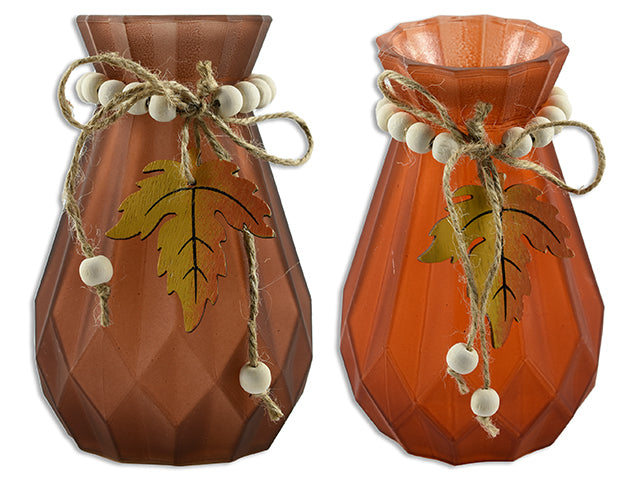 Harvest Frosted Glass Candle Holder With Beaded Border And Wooden Maple Leaf Toggle