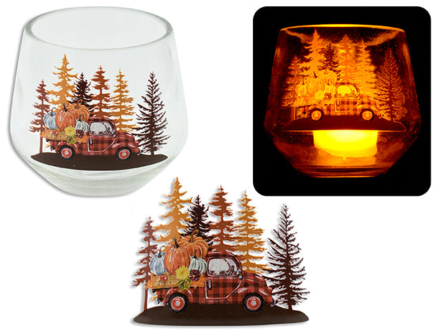 Harvest Buffalo Plaid Pumpkin Truck Glass Candle Holder