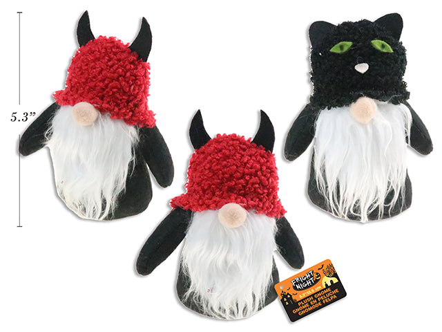 5-1/3in Hween Plush Standing Gnome w/Costume Hat. 2 Asst: Black Cat / Devil. J-hook w/Cht.