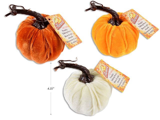 4.25in Flocked Pumpkin Tabletop Decor. 3 Asst.Colours. Cht.