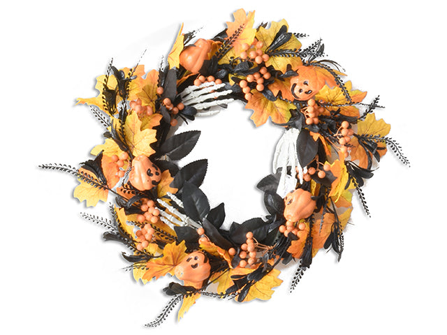 Halloween Skeleton Hands With A Jack O Lantern Floral Wreath