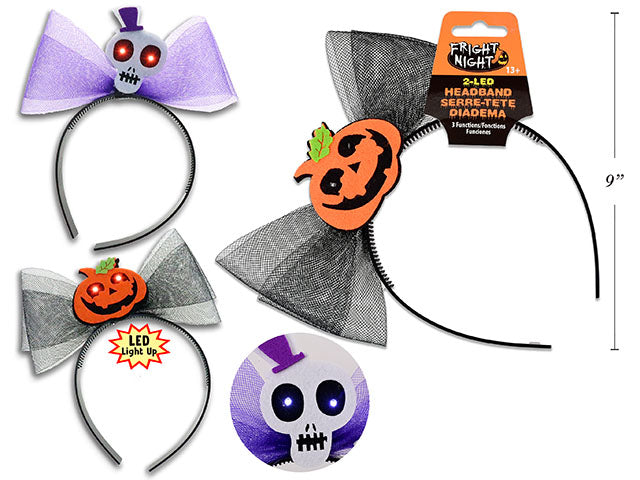 7in x 8.5in B/O 2-LED Hween Light-Up Mesh Bow w/ Tip-On Headband. 2 Asst.Styles. 3 Functions. h/c.