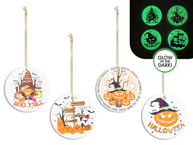 3in Hween GID Ceramic Ornament w/Ribbon Hanger. 4 Asst.Styles. Cht.