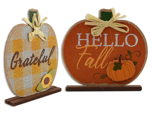 7.28in Harvest Pumpkin Tabletop Decor w/ Tip-On & Straw Ribbon. 2 Asst.