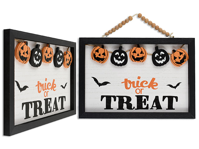 8in(H) x 11-7/8in(W) Hween Shadow Box w/Dangling Jack-o-Lantern Banner & Beaded Hanger. Cht.