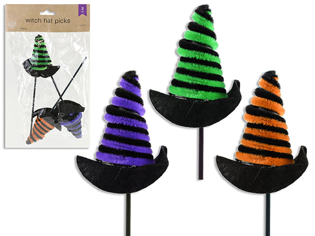 3pk 8in Hween Chenille Witch Hat Picks. 3 Cols/Pack. Pbh.