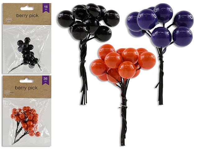 Hween Berry Picks. 2 Asst: 36pcs 12mm / 16pcs 15mm. 3 Cols. Pbh.