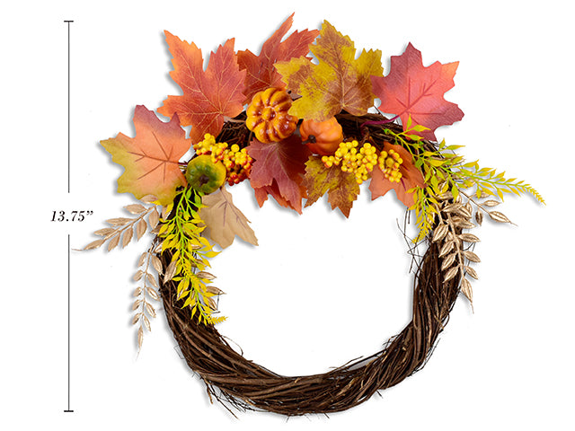 13.75in Harvest Maple Leaves w/Pumpkins Rattan Wreath. Cht.