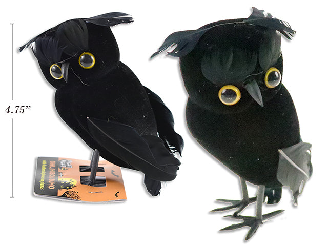 5.5in Hween Flocked Black Owl w/Feathers. t.o.c.