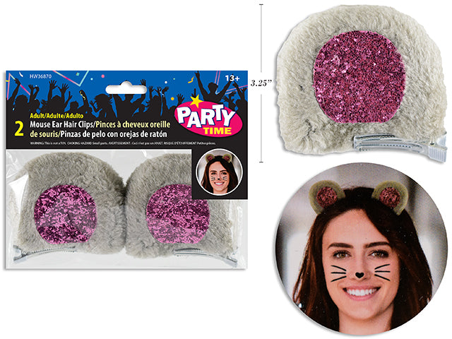 2pk 3.25in x 3.25n Adult Plush Mouse Ear Hair Clips w/Confetti Glitter Patch. Pbh.