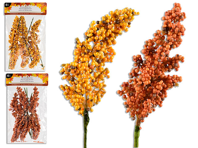 6pk 7.3in Harvest Decorative Millet Picks. 2 Asst.Cols: Yellow / Orange. Pbh.